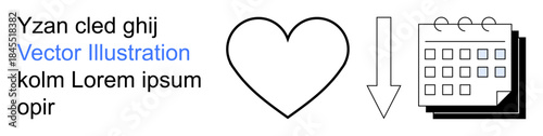 Time planning, event scheduling, productivity tools, love, task delegation, workflow management. Minimalist heart, downward arrow calendar icon. Time planning and event scheduling concept