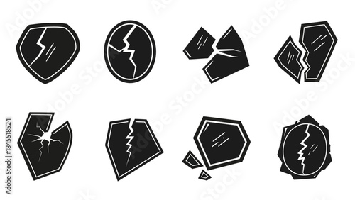 Broken glass shapes in various forms with cracks vector illustration