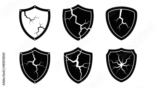 Broken shield icons set damaged protective symbols on white background