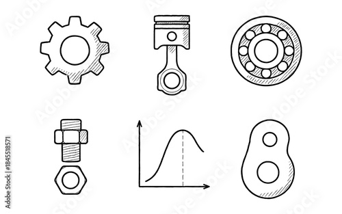 Hand-drawn engineering and mechanical components collection with graph