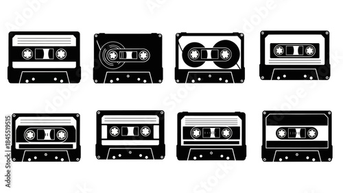 Collection of classic audio cassette tapes in black and white silhouette