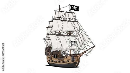 Cartoon pirate ship sailing with skull flag and white sails on a white background