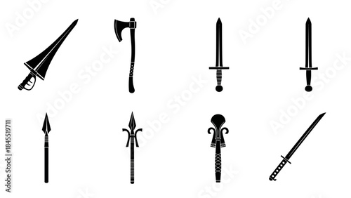 Collection of weapon silhouettes sword axe spear and blades for design