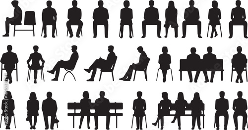Human Silhouette Set — Sitting, Waiting, Resting Activities — Solid Black People Icons for Public Space Design, UI Interfaces, Signage, and Infographics — Editable Vector Template