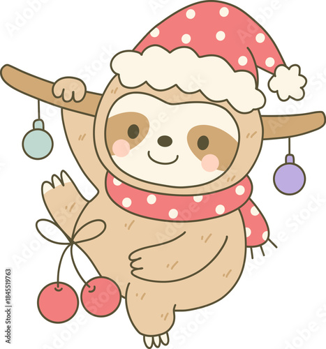 Sloth Hanging from Branch with Christmas Ornaments Wearing Santa Hat and Scarf