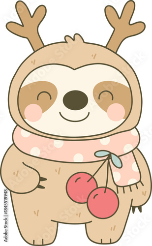 Happy Sloth with Reindeer Antlers and Pink Polka Dot Scarf Holding Cherries