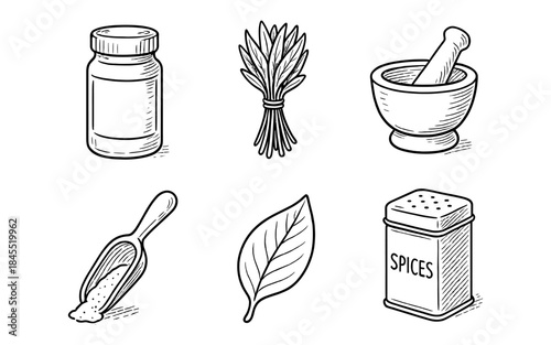 Collection of hand-drawn icons representing herbs, spices, and kitchen tools for cooking