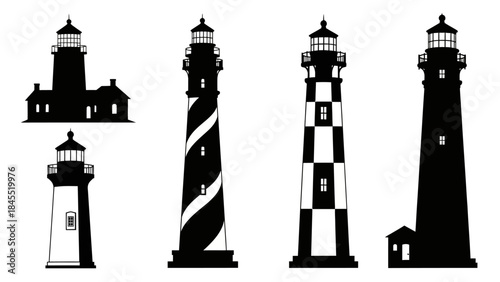 Diverse lighthouse silhouettes black and white coastal navigation design