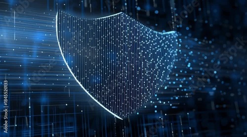 Dynamic blue shield formed of tiny glowing dots moving rapidly