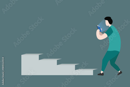 A man focused on his smartphone while standing in front of stairs, symbolizing distraction, awareness, and modern lifestyle challenges.