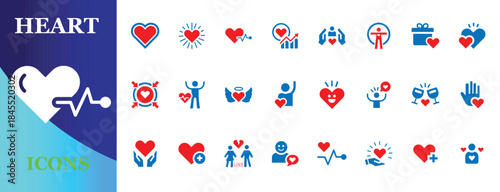 Heart and love vector icons set in two color style including medical health care charity romance and valentine symbols isolated on white background.