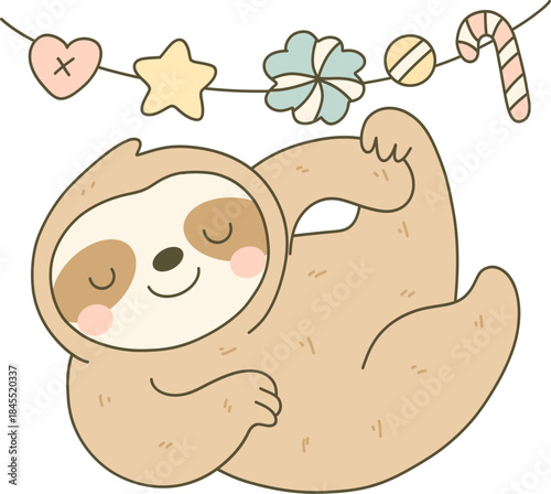 Lazy Sloth Relaxing Under Christmas Gingerbread Garland, Holiday Relaxation Clipart