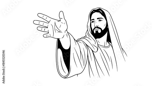 Symbolic religious vector illustration of Jesus hand reaching out, no face visible, biblical robe sleeve, spiritual and peaceful mood, clean vector art, soft shadows, isolated on light background