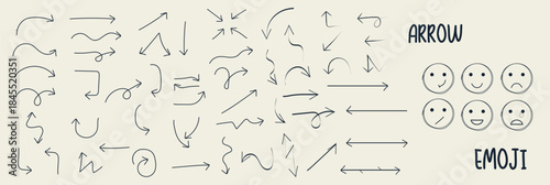 Hand drawn arrow set with various directions, curves and styles, combined with simple emoji faces. Doodle sketch vector illustration