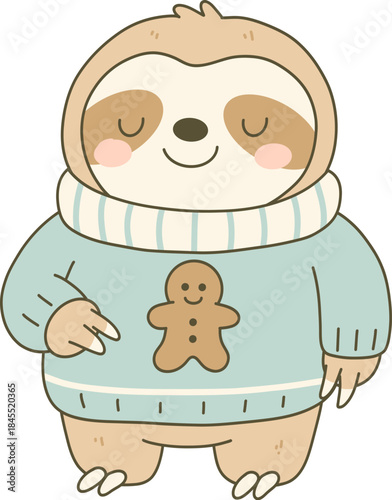 Sloth in Ugly Christmas Sweater with Gingerbread Man Design
