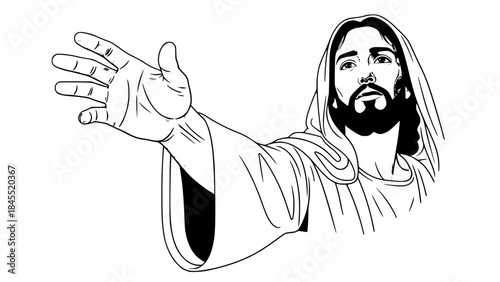 Symbolic religious vector illustration of Jesus hand reaching out, no face visible, biblical robe sleeve, spiritual and peaceful mood, clean vector art, soft shadows, isolated on light background