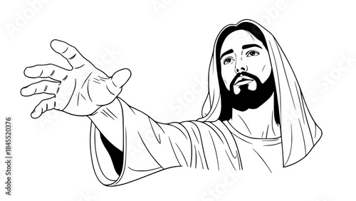 Symbolic religious vector illustration of Jesus hand reaching out, no face visible, biblical robe sleeve, spiritual and peaceful mood, clean vector art, soft shadows, isolated on light background