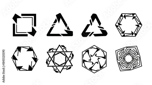 Geometric shapes with arrows indicate direction and movement on a white background