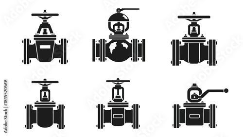 Industrial valve silhouettes isolated black piping components for design