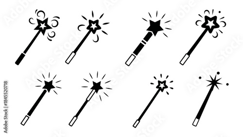 Magical wand illustrations in black and white for design and decoration