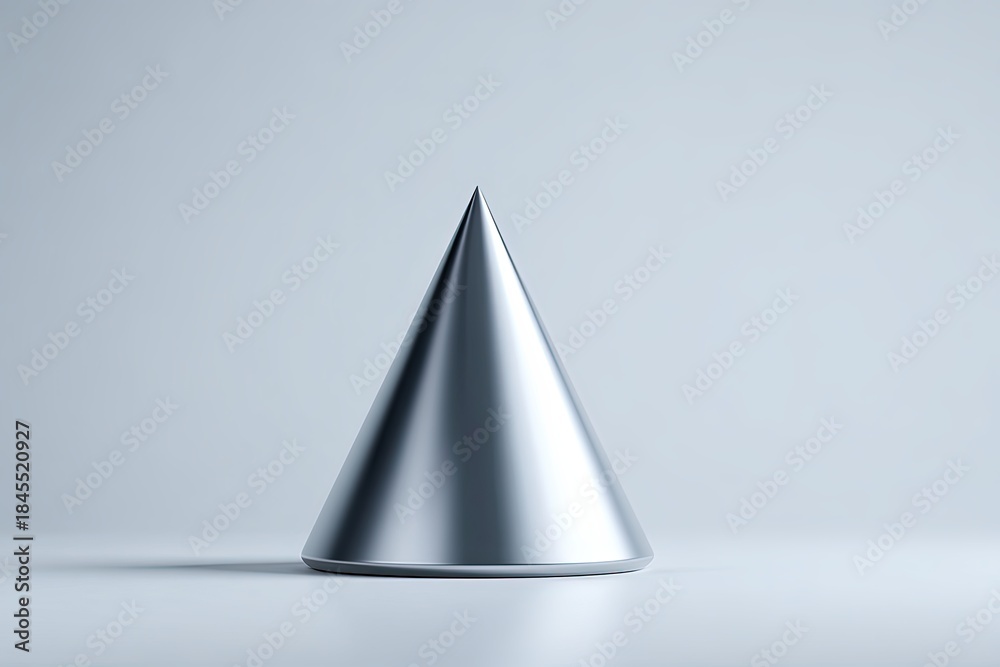 Fototapeta premium Modern Cone Composition: A singular, sleek silver cone rests on a light background, exuding simplicity and elegance in its form.