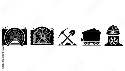 Mining industry icons set tunnels tools and equipment illustrations
