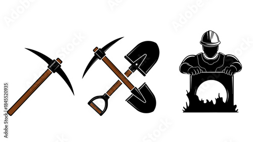 Mining tools and worker silhouette icons on white background