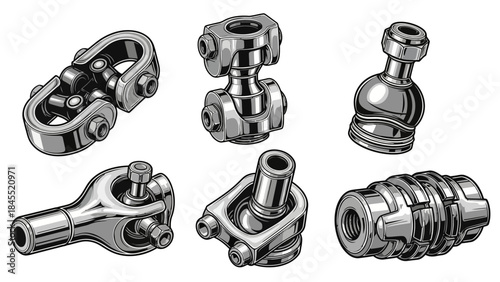 Metallic mechanical components isolated vector illustrations on white background