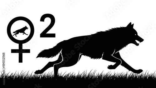 Running wolf silhouette graphic with symbol and number 2 on white background