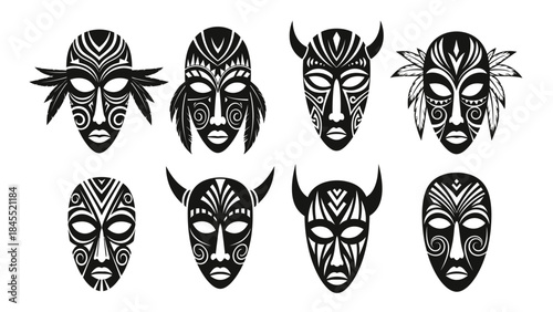 Set of african tribal masks in vector black and white style design