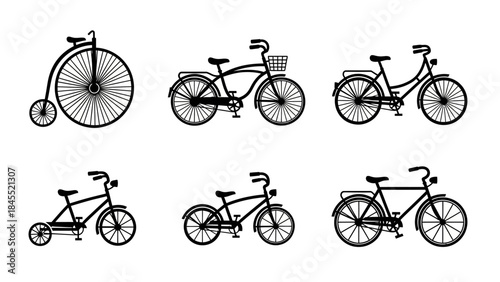 Set of black bicycle silhouettes representing historical and modern designs