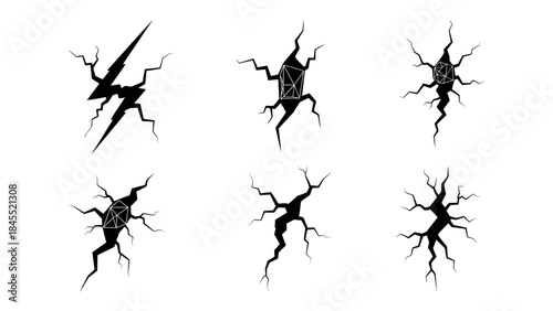 Set of black crack vector illustrations on white background for design assets