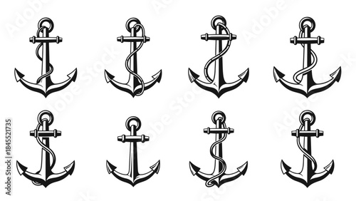 Set of nautical anchors in black and white isolated on white background