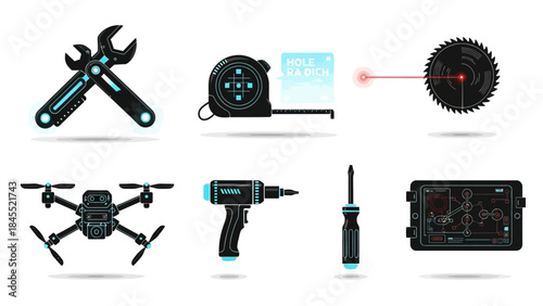 Set of modern tools and devices with futuristic design on a white background