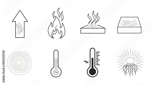 Set of simple icons depicting temperature heat and thermometer elements