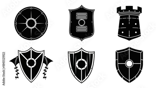Set of various shields and tower silhouettes on white background