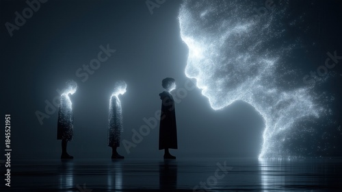 Digital figures stand in front of a glowing, large head shape created from light in a dark space
