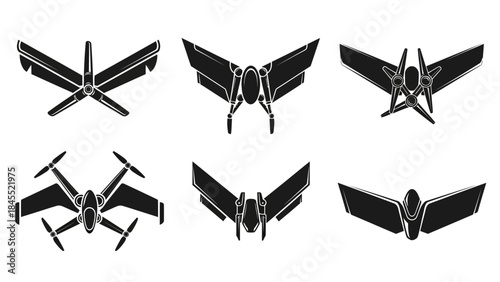 Set of vector illustrations of various black silhouette aircrafts top view