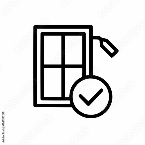 Line icon of a window with inspection tag, black on white, square minimalist style