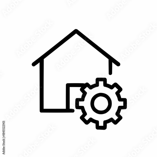 Line icon of a house with gear — systems check, black on white, square minimalist style