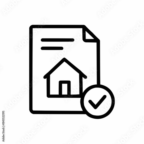 Line icon of a document with house and checkmark — inspection report, black on white, square minimalist style
