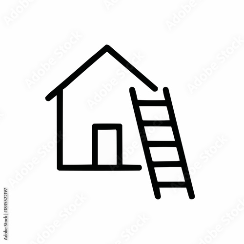 Line icon of a ladder leaning on house — roof access, black on white, square minimalist style