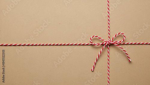 Gift wrapped in brown paper with red and white twine