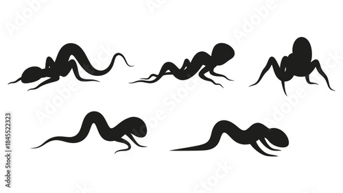 Stylized black insect silhouettes in various positions on a white background