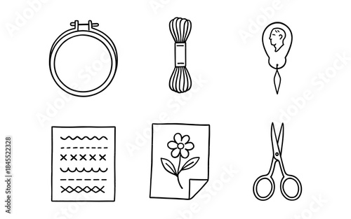 Hand-drawn embroidery tools and supplies collection for crafting and sewing projects