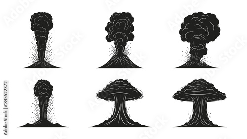 Stylized illustration of erupting volcanoes with smoke columns and debris