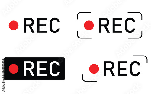 Red REC Recording Icon Set for Video Camera Recording Control and Label Symbols
