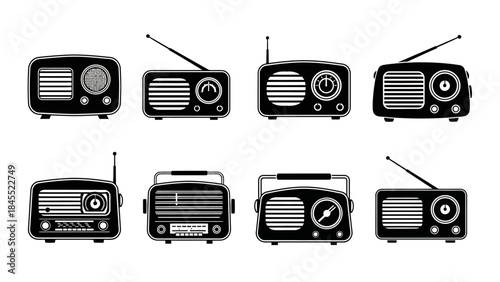 Vintage radio collection retro devices in black and white vector illustration
