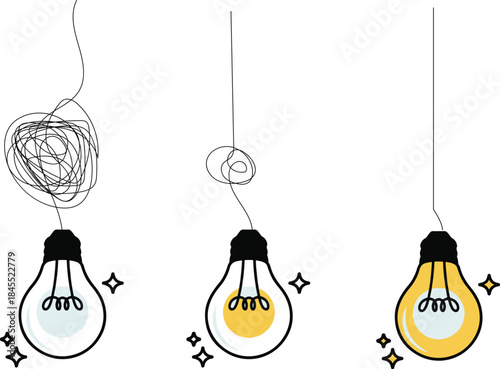 Visualizing the creative process journey from initial confusion and tangled thoughts to clarity and a brilliant idea