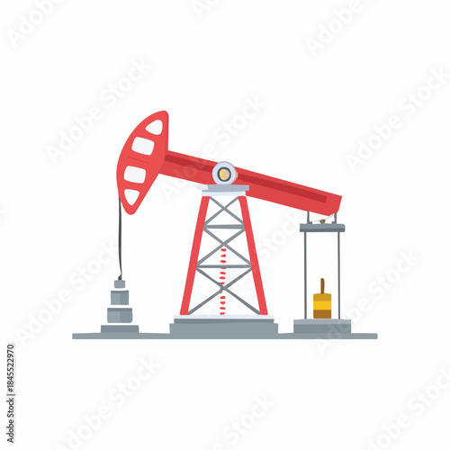 Red oil pump jack drilling rig on white background. Oil industry production.